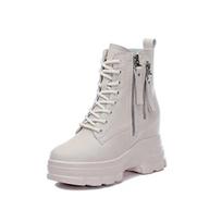 Genuine Leather 9cm Height Increasing Black Beige Spring Autumn Fashion Sneakers for Women Daily Casual Walking 34 smėlis