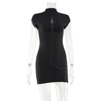 Womens Short Sleeve Bodycon Dress Zip Front V Neck Solid Black Mini Dress S juoda