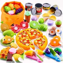 MIRAIMAX Pretend Play Kitchen Set - 66-Piece Set with Cutting Food Toys, Fruits, Vegetables, Pizza, Desserts, and Storage Bag - Educational Toy for