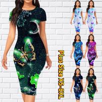 Slim Short Sleeve Knee-length Dress Fashion Women Midi 3D Flowers and Butterflies Print Dress XS šviesiai mėlyna spalva