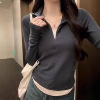 Fake Two-piece Long-sleeved T-shirt Bottoming Shirt for Women New Spring and Autumn Slimming Right Shoulder Half-zip Top S pilka spalva