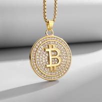 Bling Iced Out Bitcoin Pendant Necklace with Rhinestones for Men and Women Hip Hop Rock Rap Trendy Cool Jewelry