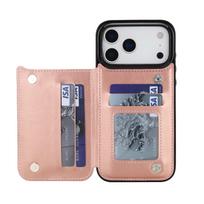 iPhone 17 Pro Max Leather Stand Case with Card Holder & Double Buckle iPhone 15 Pro rožinio aukso spalvos