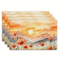 4pcs Sunrise Floral Polyester Placemats - Vibrant Sunset & Wildflower Design, Rectangular 12x18 Inches, Hand Wash Only, Perfect 30x45cm-4PC
