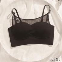 Black Mesh Bandeau Bra with Love Secret Letter Print Straps and Seamless Design S juoda