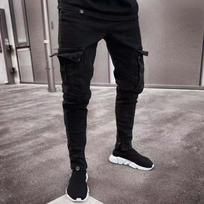 Stretch Men's Jeans Trendy Knee Hole Zip Calf Trousers S juoda