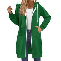 Women's Green Long Hooded Zip Front Jacket with White Contrast Trim S žalia