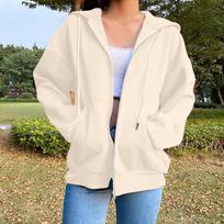 Women's Fashion Casual Solid Color Sweatshirt Autumn/Winter Long Sleeve Pocket Cardigan Jacket Zipper Hoodie Coat L smėlis