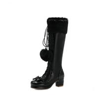 Bowknot Princess Lolita High Boots Winter Warm Fur Girls Cosplay Party Shoes Lace Up Chunky Heel Side Zipper Girls Boots 33-43 33(21.5cm)