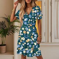 Women's Summer Fashion Floral Print Dress Casual Beach A-Line V-Neck Loose Sundress XXL