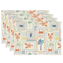 Hand Drawn Seafood Stamp Placemats, Lobster Crab Palm Tile Pattern Table Mats, Decorative Dining Pad for Coastal Kitchen Decor 4PCS