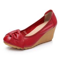 100% Genuine Leather Soft Comfortable Wedge High Heels Elegant Casual Footwear for Women 34 raudona
