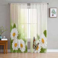 Baltos gėlės chrizantema drugelis permatomos užuolaidos miegamajam svetainei Voile langų užuolaidos tiulio užuolaidos vaikų kambariui 135W x 114H(cm)