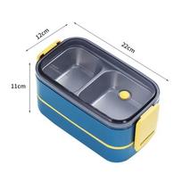 Stainless Steel Lunch Box for Adults Kids School Office 2 Layers Microwavable Portable Grids Bento Food Storage Containers mėlyna