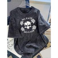 Washed Cotton Fitness Graphic T-Shirt Funny Gym Weightlifting Print Tee Casual Loose Short Sleeve for Workout S