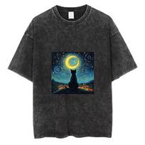 Vintage Washed Van Gogh Starry Night Black Cat Graphic Print Oversized T-Shirt Casual Loose Short Sleeve Tee for Cat S