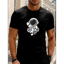 European sizes Adult Space-Themed T-Shirt with Cartoon Astronaut & UFO Print - Short-Sleeve Round Neck Tee Suitable for, Training S juoda