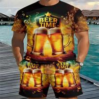 Men's 3D Beer Mug Print Set: Vibrant  Beer Time  Graphic Tee with Matching Shorts. Summer Beach Holiday Streetwear for Vacation Travel S įvairiaspalvis