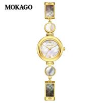 MOKAGO Black & White Mother-of-Pearl Women's Quartz Watch - Geometric Copper Chain, Light Luxury, Small Round Dial, High-End, Waterproof.