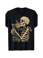 Skeleton Hugging Cat Graphic T-Shirt Crew Neck Tee Casual Printed Top Perfect For Cat Lovers Wounisex Clothing S įvairiaspalvis