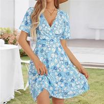 European And American New Ladies Sun Skirt Summer Floral Short-sleeved Wrap V-neck Waist Printed Dress S kūdikio mėlyna spalva