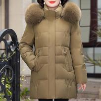 Tikro kailio apykaklė Vidutinio amžiaus moterų ilgi pūkiniai paltai Žieminiai didelių dydžių Prakas Elegantiški laisvi stori šilti pūkiniai švarkai Moteriški viršutiniai drabužiai XL geltona