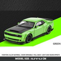 1/32 mastelio Dodge Challenger Hellcat SRT lydinio automobilio modelis garsas šviesa atitraukiamas metalinis žaislinis transporto priemonė berniuko dovana kolekcija miniatiūrinis automobilis žalia