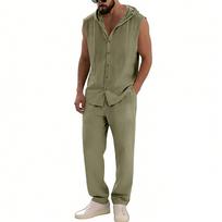 Men's Casual Color Hooded Sleeveless Vest Trousers Set L armijos žalia spalva