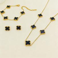 Dvipusis perlamutrinis titano plieno keturlapis dobilas papuošalų rinkinys su apyranke, karoliais ir auskarais 13mm Silver