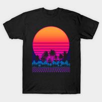 Men Black Print T-shirt 80S Vaporwave Palm Trees Sunset No-Cut Transfer Paper Print Cotton Tshirt 4XL juoda