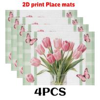 Of 8/4/6 Spring-Pink Tulip Butterfly Placemats Set Green Checkered Table Mats Washable Dining Decor Linen Coaster 4PCS