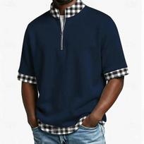 2026 New Style Men's Pure Cotton Half-Zip Collar Short-Sleeve T-Shirt Fake Two-Piece Patchwork Casual Polo Shirt European Size S tamsiai mėlyna spalva