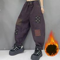 Retro Winter Stitching Plus Velvet Harlan Washed Thin and Thick Casual Loose Plus Size Drawstring Jeans S tamsiai violetine spalva