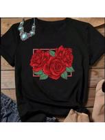 Red Rose Flower Print T Shirt Wounisex Short Sleeve O Neck Loose Tshirt Wounisex Causal Tee Shirt Tops Camisetas Mujer S įvairiaspalvis