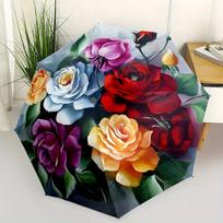 1pc Floral Paradise Automatic Folding Umbrella - Vibrant Floral Design with Peonies, Roses & Hydrangeas, Compact & Lightweight