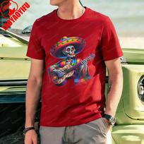 Day of The Dead Fun Tee Sombrero Skeleton Guitar Printed Tshirt Mexican Festival Casual Style Cotton Tops Retro Unisexs Clothing 4XL