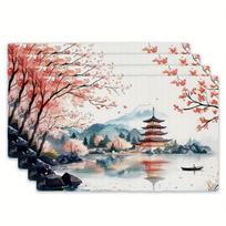 Japanese style placemat with Mount Fuji cherry blossoms pagoda lake scenery linen fabric heat resistant non slip table mat 4PCS