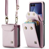 Aukščiausios kokybės odinė piniginė su kortelių laikikliais, dėklas, skirtas Samsung Galaxy Z Flip7 Flip6 Flip5 Flip7FE, su dirželiu, nešiojamas per petį, madingas apsauginis dangtelis Galaxy Z Flip7 rožinė