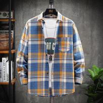 Men's Plaid Long-sleeved Shirt Hong Kong Style Fashion Loose Lapel Casual Shirt Men's Top M