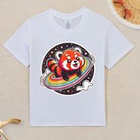 Adorable Cartoon-Style Red Panda in Space, Vibrant And Humorous Graphic Design for T-Shirts, Trendy Tops for Kids 110 balta