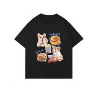 Cute Corgi Fast Food Print T-Shirt Crew Neck Letter Graphic Tee Illustrative Style Trendy Corgi Streetwear Short Sleeve S