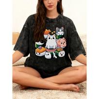 Funny Cartoon Sushi Cats Print T-Shirt Japanese Anime Cat Sushi Graphic Short Sleeve for Men Women Daily Wear S