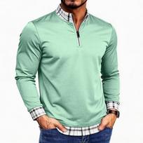 Men’s Casual Quarter Zip Stand Collar Long Sleeve Top with Plaid Patchwork Loose Fit Lightweight Pullover Athletic Shirt for Everyday Wear M žalia