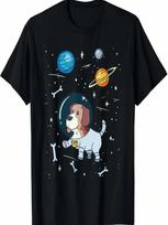 Funny Astronaut Dog In Space T-Shirt Universe Planets Gift T-Shirt S įvairiaspalvis