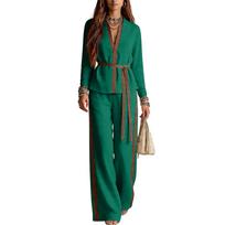 Two Piece Women's Casual Set Long Sleeve Zip Up Jacket with Stand Collar and Wide Leg Pants with Side Stripes and Belted Waist S žalia