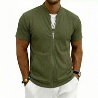 Men Short Sleeve Zip Up Shirt Casual Stand Collar Lightweight Textured Top Comfortable Breathable Fit Summer Wear XL