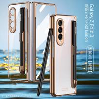„Samsung Galaxy Z Fold 3 4“ dangtelis, priekinis grūdintas stiklas, skaidrus dėklas, padengtas rėmas, kietas skaidrus „S“ rašiklio lizdo laikiklis, galinis dėklas for Galaxy Z Fold 3 auksas