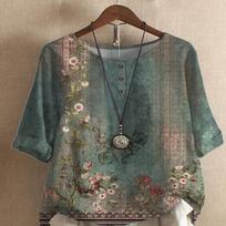 Ethnic Style Women's O-neck Digital Vintage Print Loose Shirt Half Sleeve Blouses Tops Women Harajuku Casual Pullover S balta