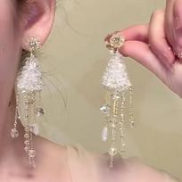 Silver needle crystal flower water drop fringed earrings light luxury high-end temperament earrings niche fashion versatile earrings women