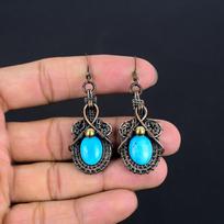 Sleeping Beauty Turquoise Earrings, 999 Copper Wire Wrapped Gemstone Jewelry, Handmade Earrings, For Thanksgiving 1.77 Inches